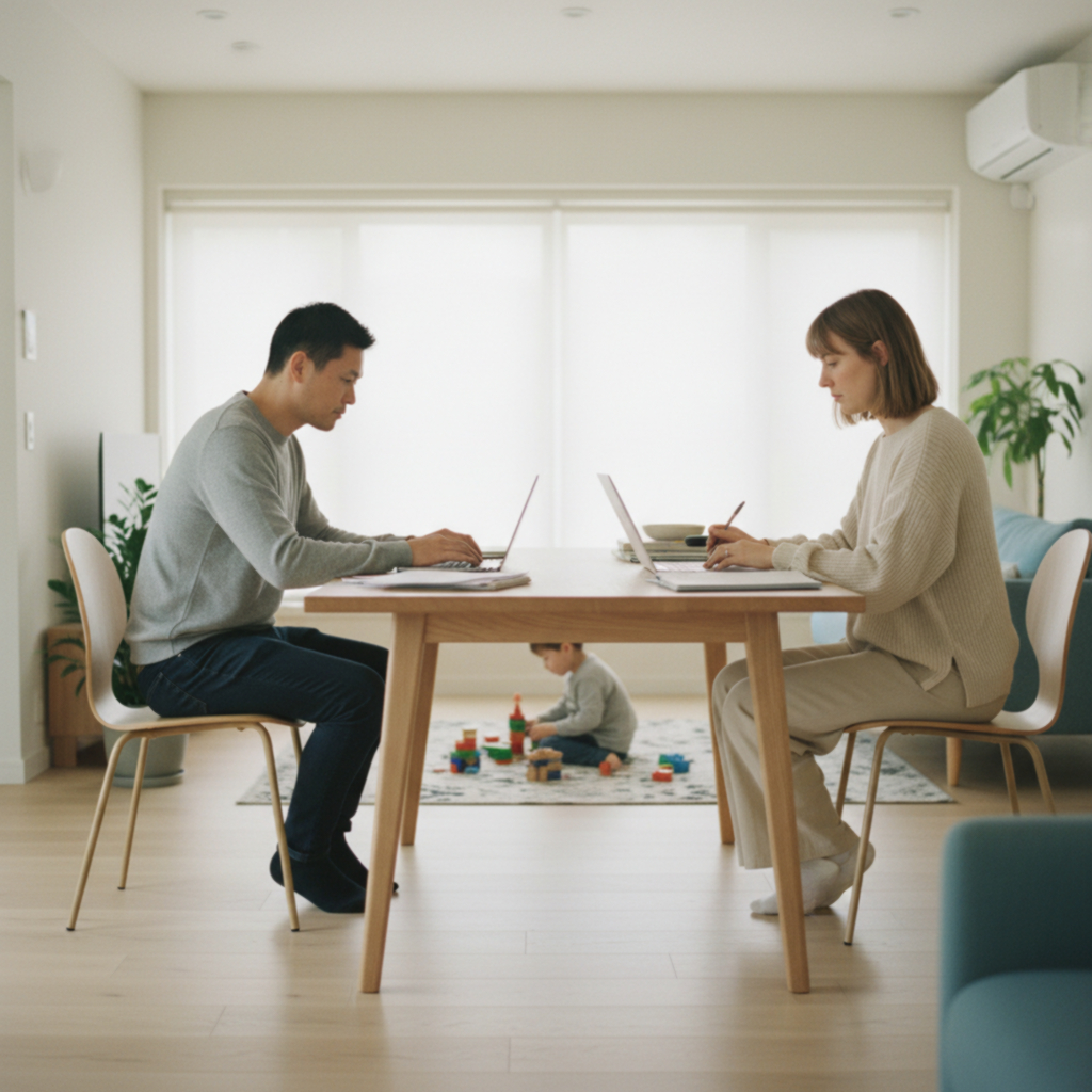 Two adults working separately at a table while a child plays nearby in the same home