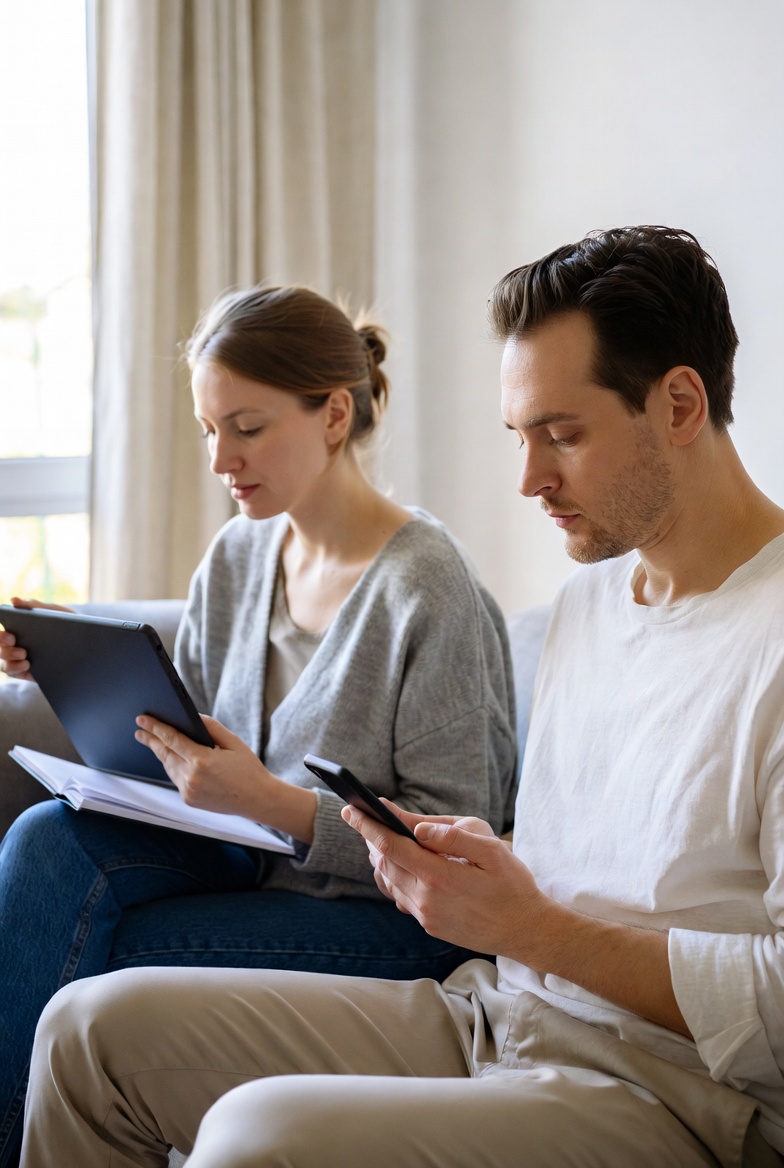 Two adults sitting apart on a sofa, each focused quietly on their own device