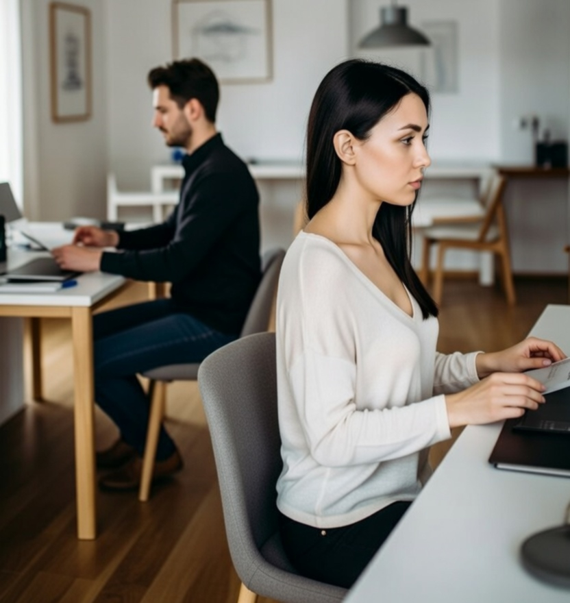 Two people in a shared living space, seated apart and working independently